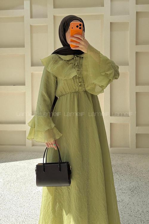Oil Green Peter Pan Collar Viscose Unprinted Dresess