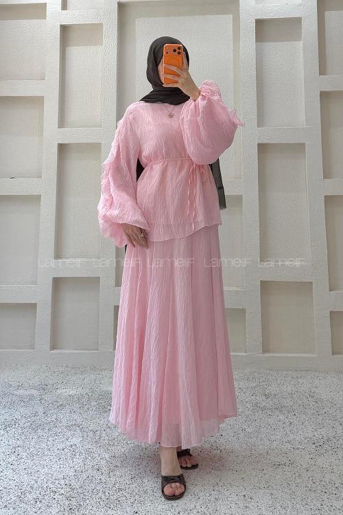 Pink Crew Neck Balloon Sleeve Arm Without Accessories Skirt Suit
