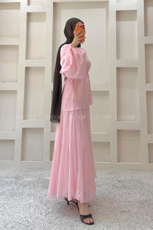 Pink Crew Neck Balloon Sleeve Arm Without Accessories Skirt Suit