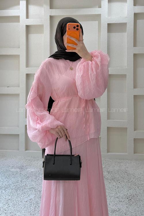 Pink Crew Neck Balloon Sleeve Arm Without Accessories Skirt Suit