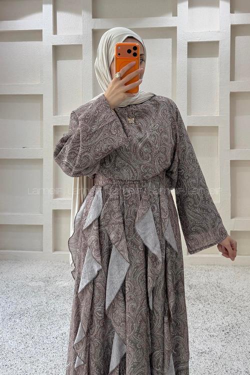 Lamelif Eteği Tül Fırfır İkili Takım Kahverengi