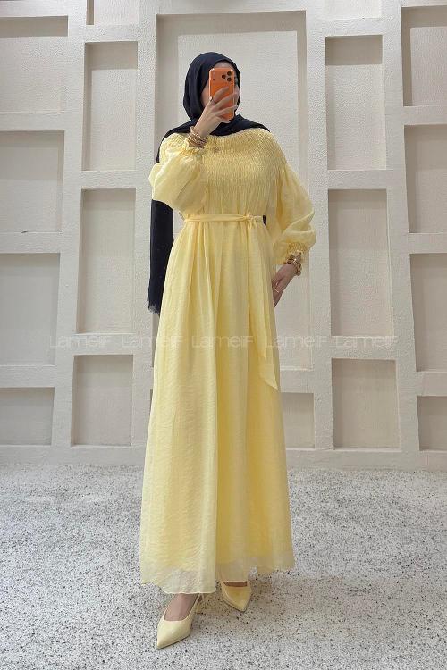 Lamelif Güpürlü Tül Elbise Sarı