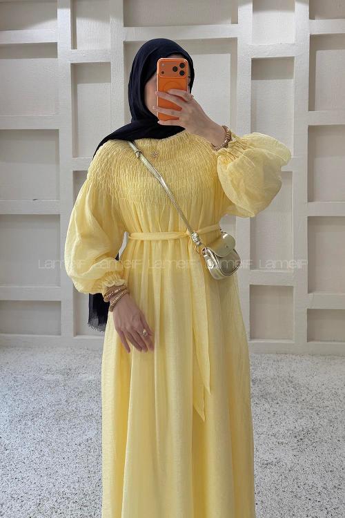 Lamelif Güpürlü Tül Elbise Sarı