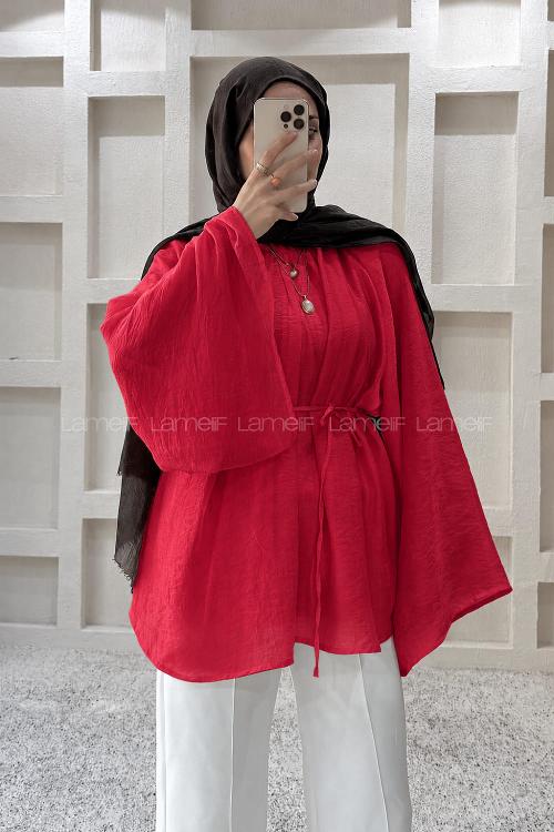 Lamelif Bağlama Detaylı Tül Modal  Tunik Nar Çiçeği