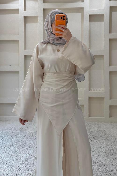 Lamelif Bel Bağlamalı Uzun Tunik-Pantolon Takım Bej
