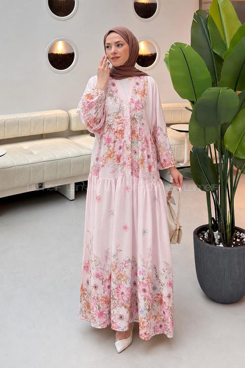 Lamelif Çiçek Detaylı Elbise Pembe