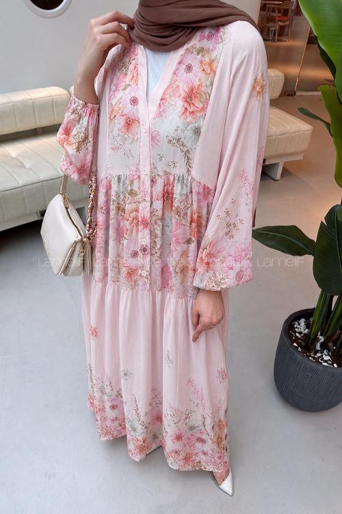 Lamelif Çiçek Detaylı Elbise Pembe
