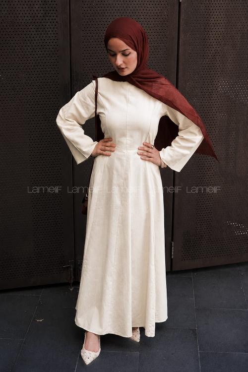 Lamelif Keten Elbise Krem