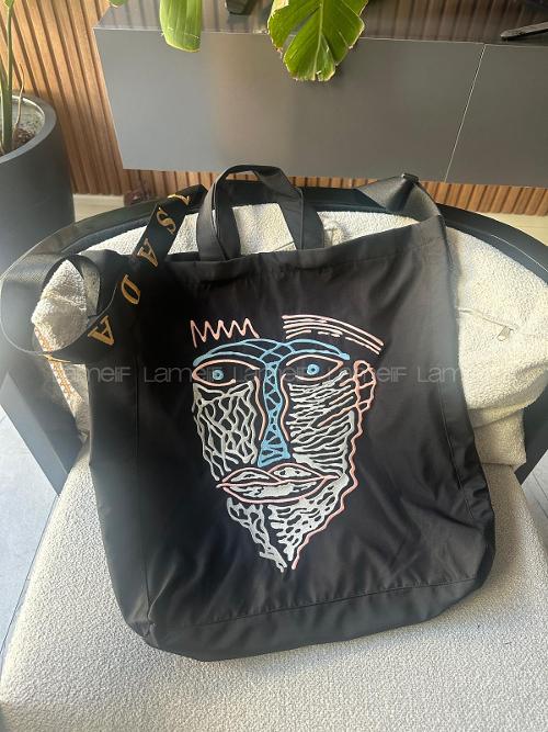 Lamelif Özel Nakış Modern Soyut Yüz Desenli Tote Bag Çanta
