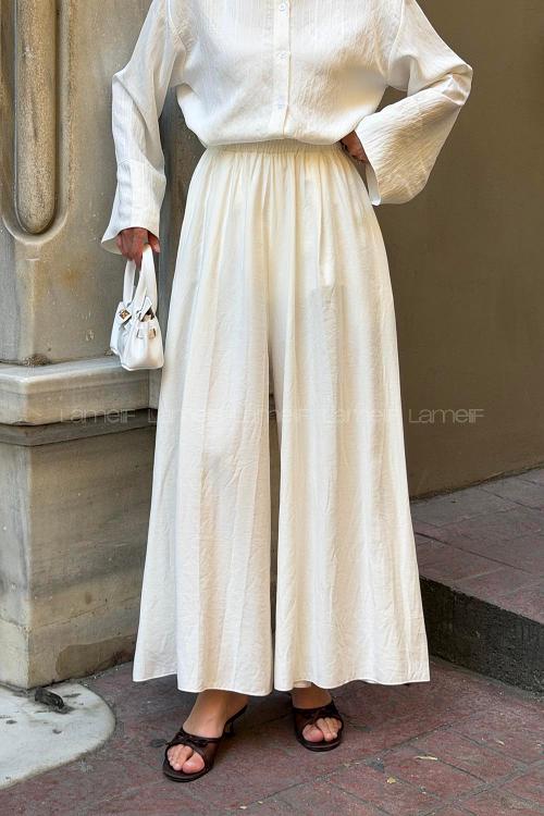 White Tensel Elastic Waist Comfortable Pants