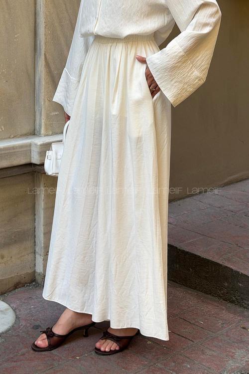 White Tensel Elastic Waist Comfortable Pants
