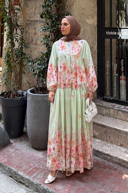 Lamelif Çiçek Detaylı Elbise Mint Yeşili