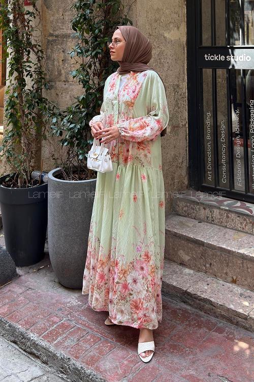 Lamelif Çiçek Detaylı Elbise Mint Yeşili