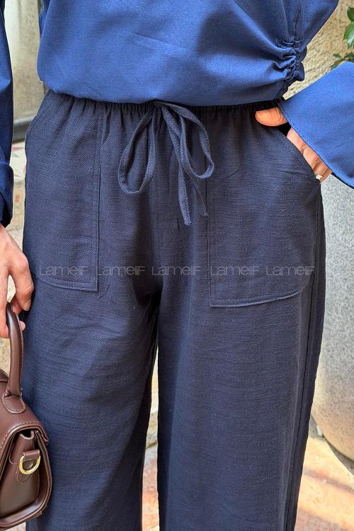 Navy Blue Linen High Waist Pants