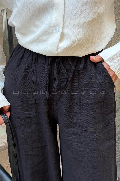 Black Linen High Waist Pants