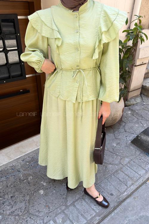 Lamelif Omuz Volanlı Lilyum Etekli Takım Çağla Yeşili