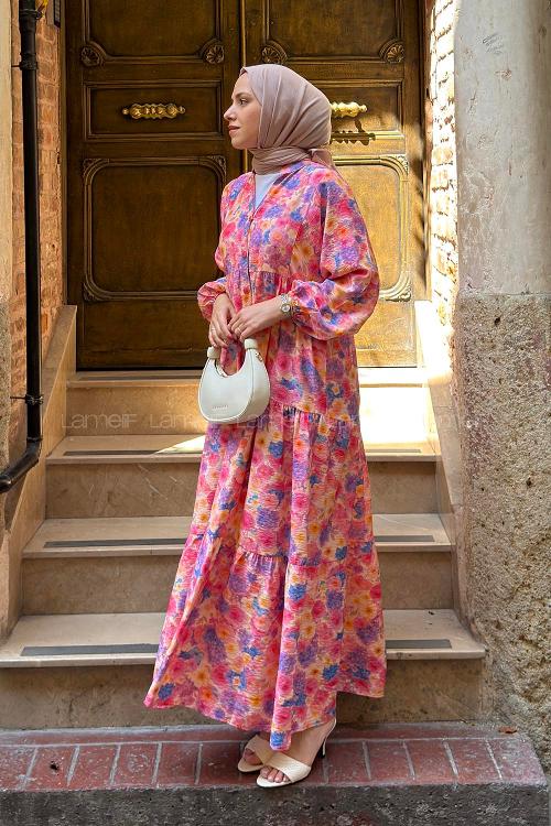 Lamelif V Yaka Çiçek Desenli Elbise Pembe