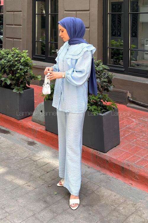 Lamelif Volanlı Gömlek İkili Takım Mavi