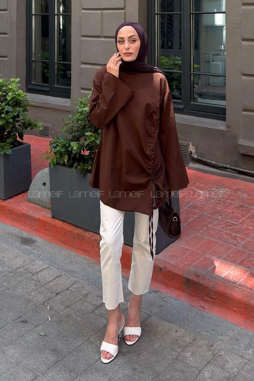 Brown Crew Neck Cotton Polyester Unprinted Tunic