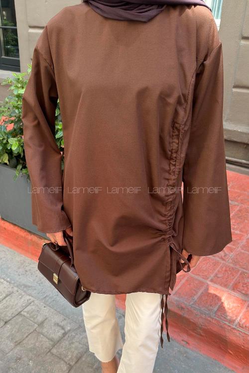 Brown Crew Neck Cotton Polyester Unprinted Tunic