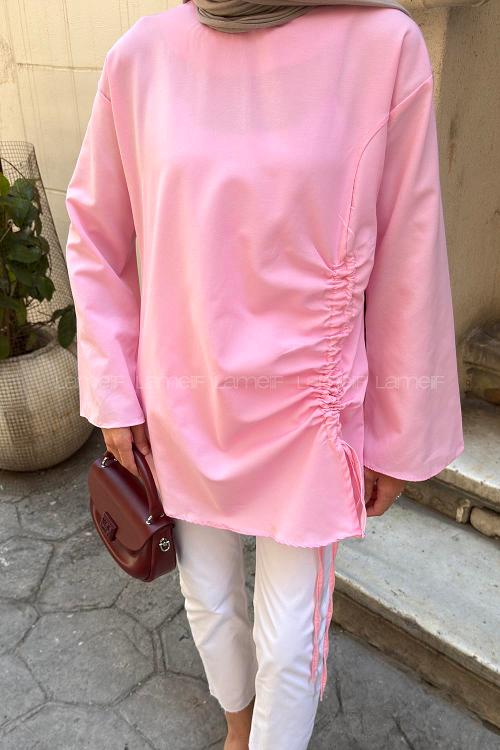 Lamelif Yan Büzgü Tasarım Tunik Pembe