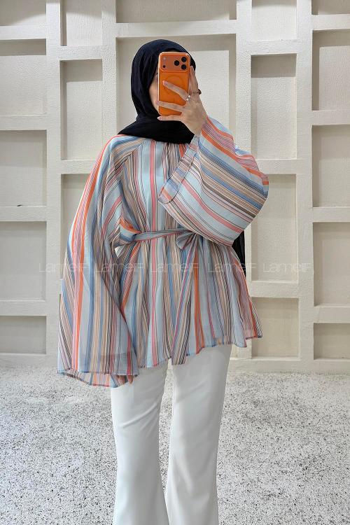 Lamelif Çizgili Kemer Detaylı Tunik Mavi