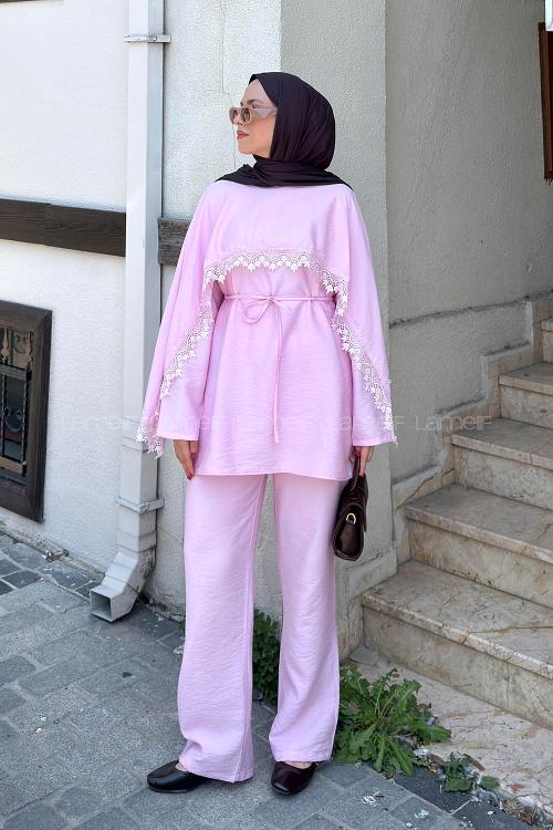 Lamelif Dantel Detaylı Tunik-Pantolon Takım Pembe