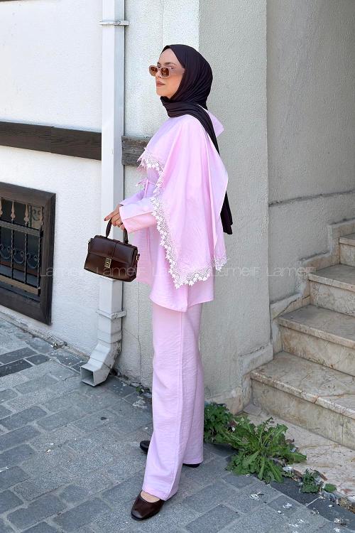 Lamelif Dantel Detaylı Tunik-Pantolon Takım Pembe