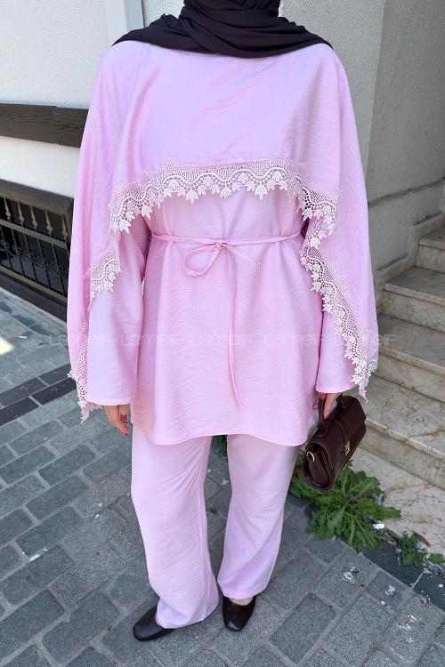 Lamelif Dantel Detaylı Tunik-Pantolon Takım Pembe
