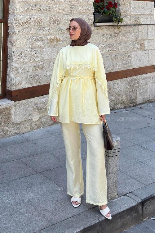 Lamelif Dantel Detaylı Tunik-Pantolon Takım Sarı