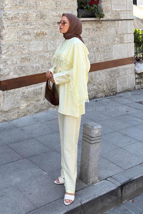 Lamelif Dantel Detaylı Tunik-Pantolon Takım Sarı