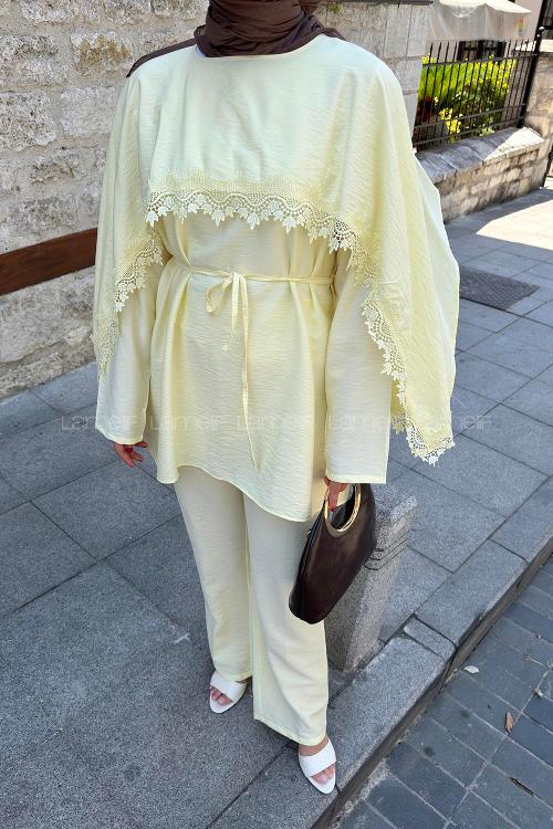 Lamelif Dantel Detaylı Tunik-Pantolon Takım Sarı