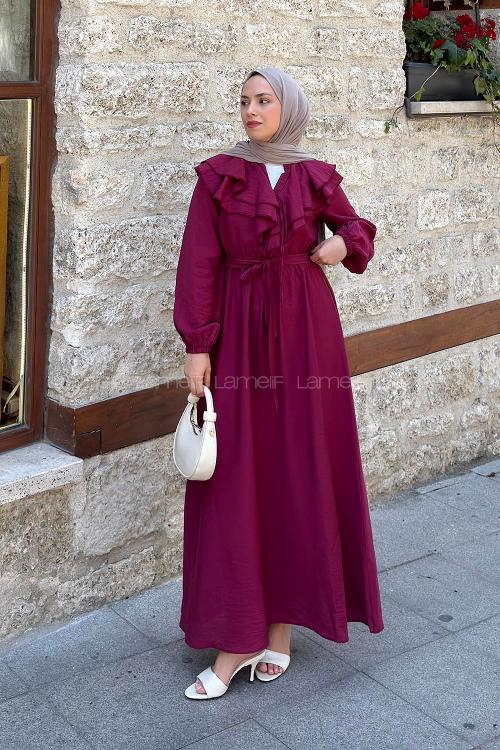 Lamelif Omuz Kat Kat Detaylı Efil Elbise Bordo