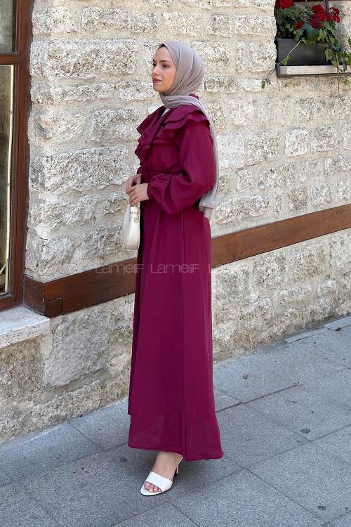 Lamelif Omuz Kat Kat Detaylı Efil Elbise Bordo
