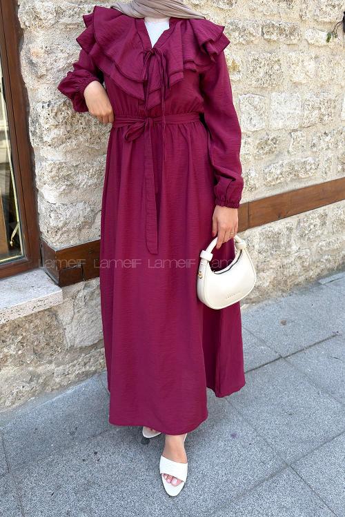 Lamelif Omuz Kat Kat Detaylı Efil Elbise Bordo