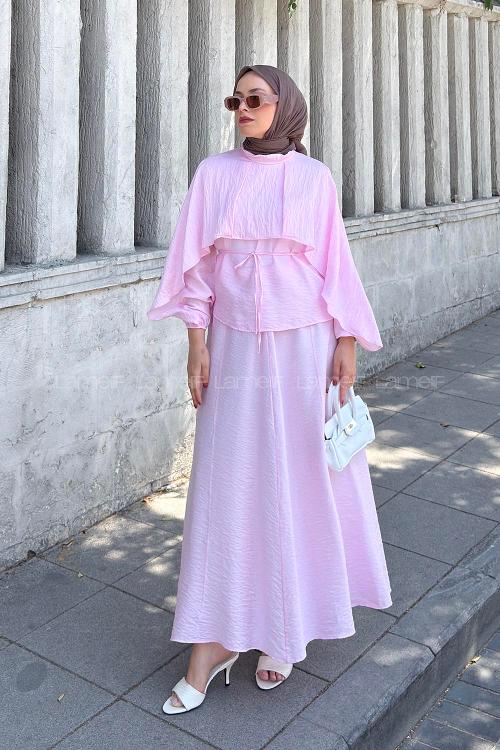 Pink Crew Neck Long Arm Without Accessories Flared Skirt Suit