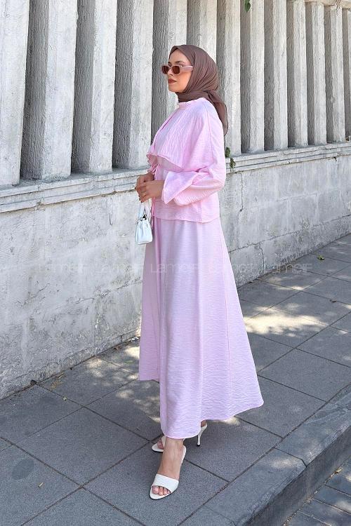 Pink Crew Neck Long Arm Without Accessories Flared Skirt Suit