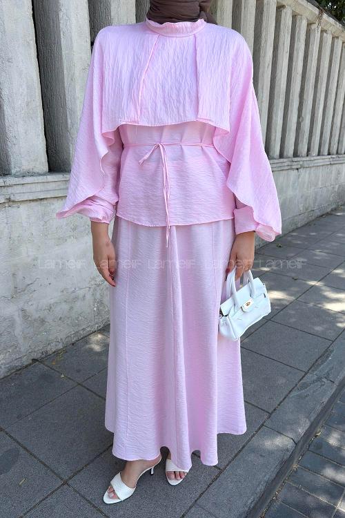 Pink Crew Neck Long Arm Without Accessories Flared Skirt Suit