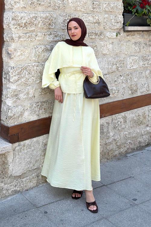 Lamelif Pelerin Tasarım Bluz İkili Takım Sarı