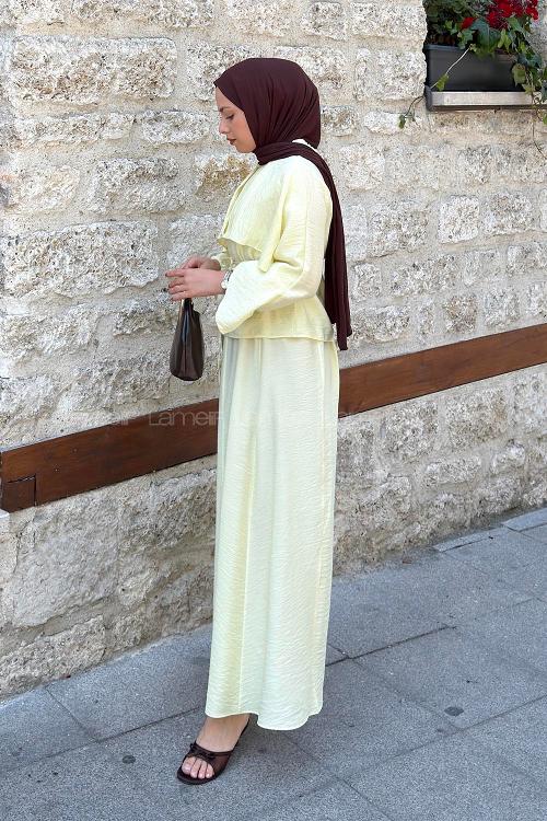 Lamelif Pelerin Tasarım Bluz İkili Takım Sarı