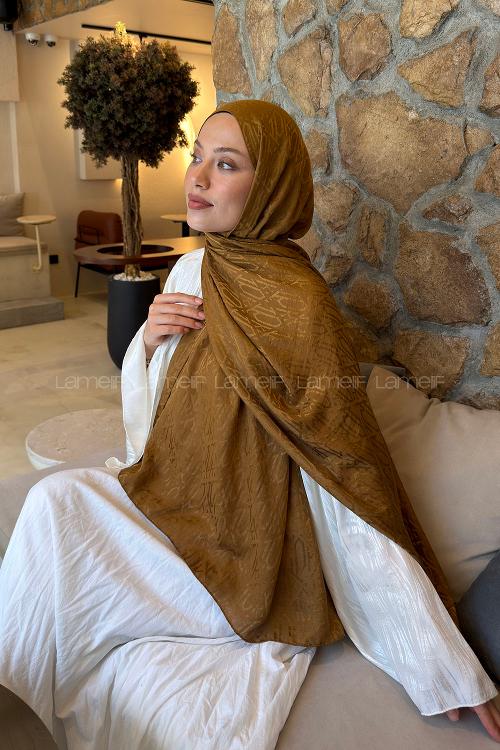 Lamelif  Etnik Desen Ayrobin Floş Jakar  Şal Camel