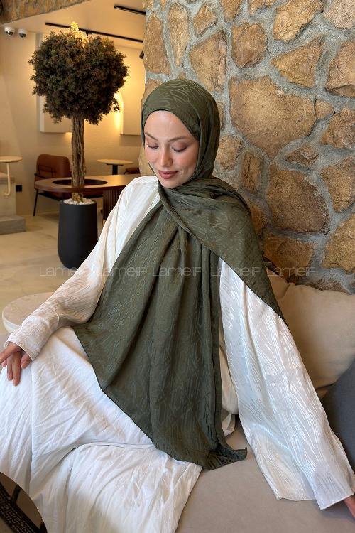 Lamelif  Etnik Desen Ayrobin Floş Jakar  Şal Haki