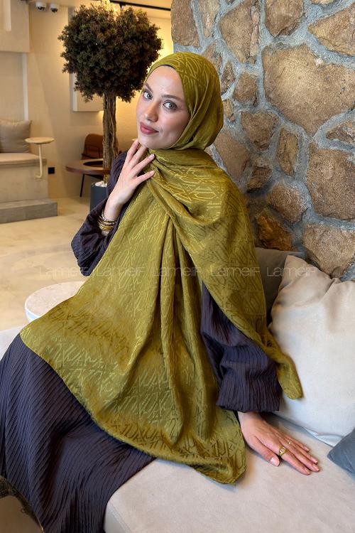 Lamelif  Etnik Desen Ayrobin Floş Jakar  Şal Yağ Yeşili