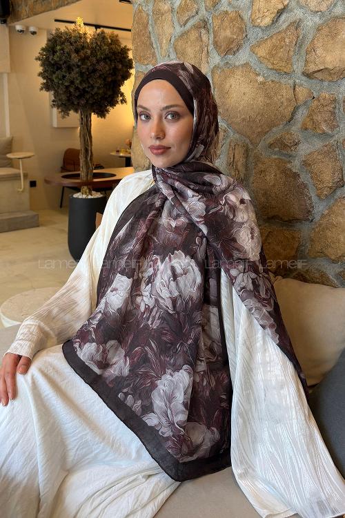 Lamelif Vintage Flower Desen Bambu Şal Acı Kahve