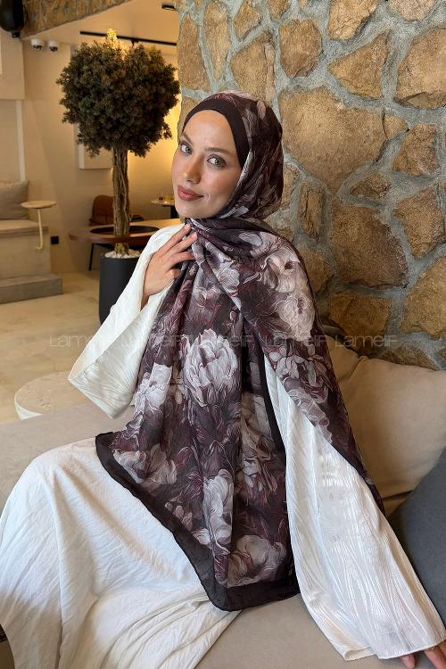 Lamelif Vintage Flower Desen Bambu Şal Acı Kahve