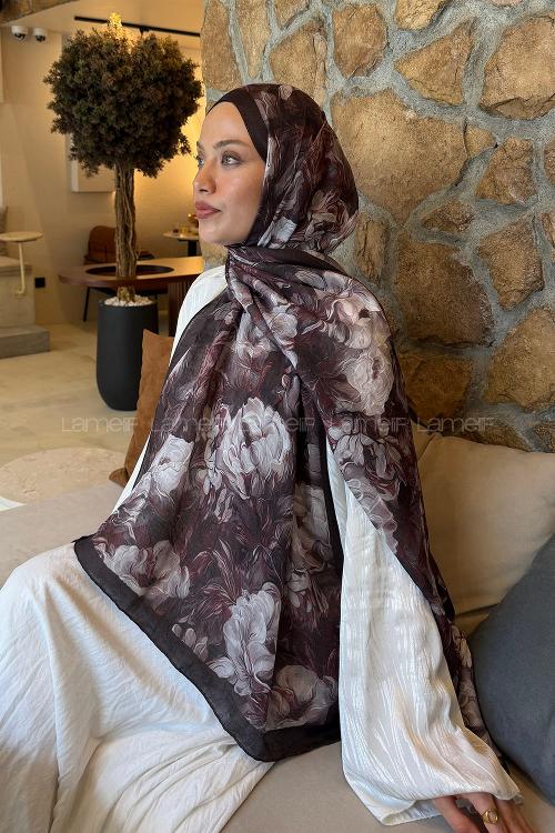 Lamelif Vintage Flower Desen Bambu Şal Acı Kahve