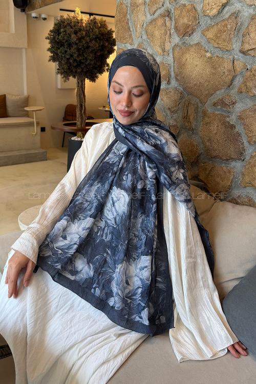 Lamelif Vintage Flower Desen Bambu Şal Antrasit