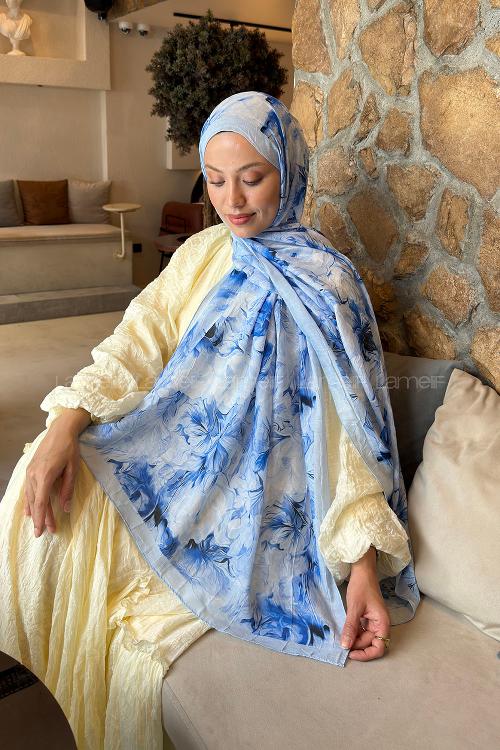 Baby Blue Cotton Fabric Flowering Shawl