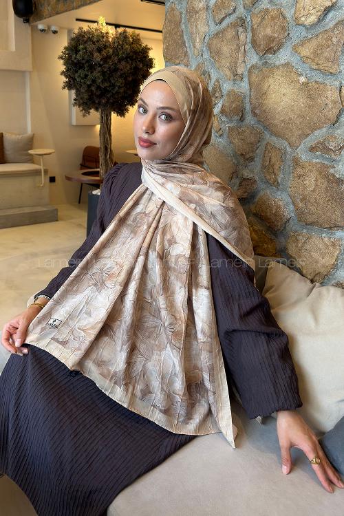 Lamelif Vintage Flower Desen Bambu Şal Camel