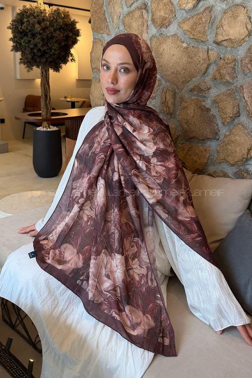 Lamelif Vintage Flower Desen Bambu Şal Kahverengi